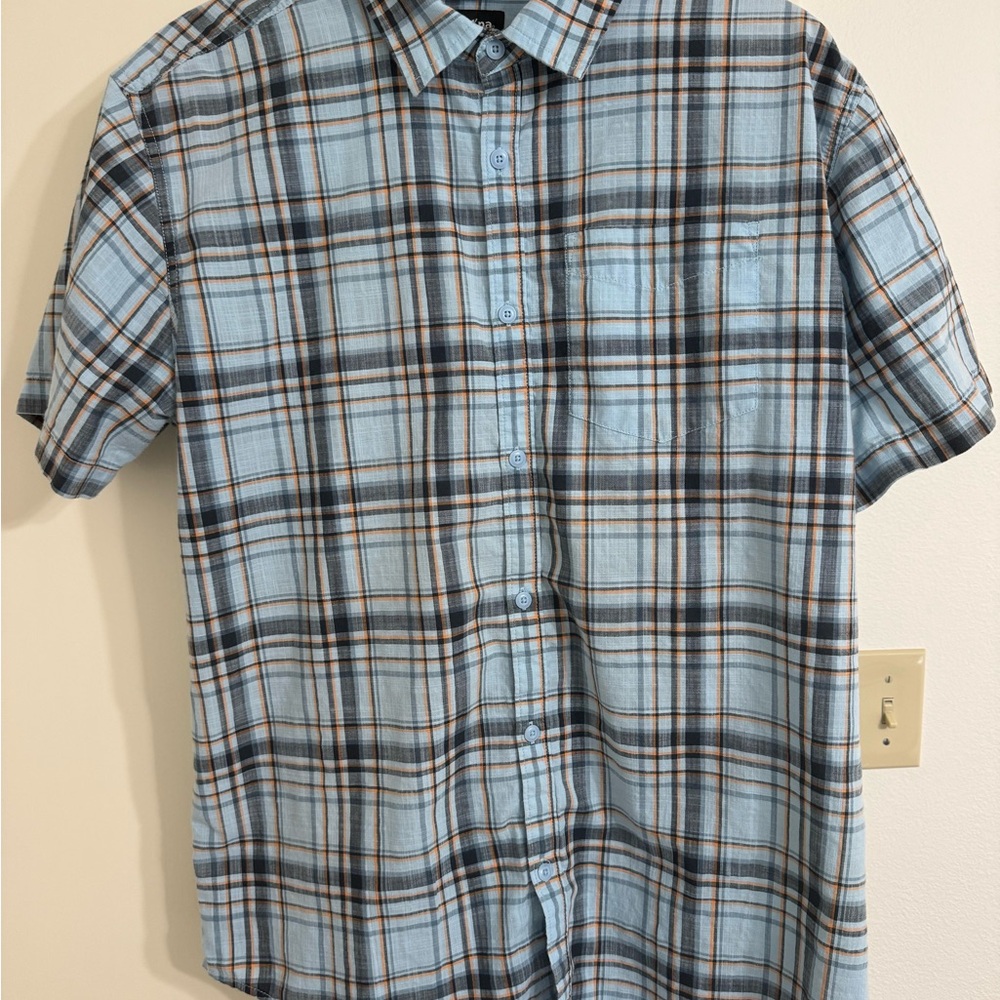 Prana Light Blue, Orange and Black Plaid Men's Shirt